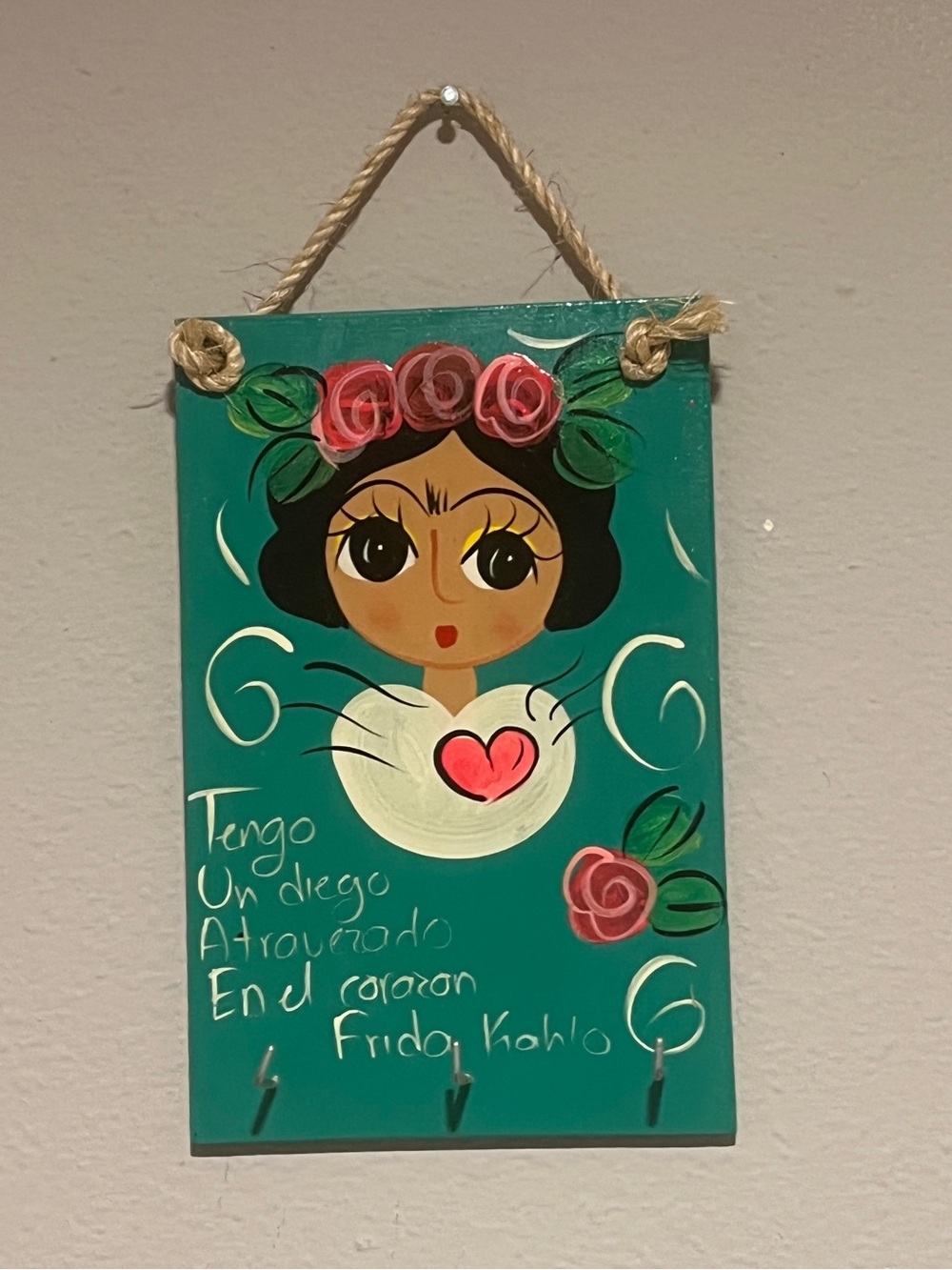 Hand-Painted Teal Wall Plaque with Pink Rose Accents
